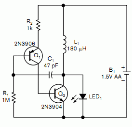 two-transistor circuit lights LEDs